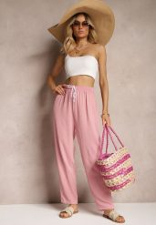 Ciemnoróżowe Szerokie Spodnie z Bawełny ze Sznurkiem w Talii Vrumelia. Czerwone spodnie materiałowe damskie Renee, bez wzorów, z bawełny, eleganckie. Za 29.99 zł.