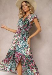 Fioletowo-Zielona Sukienka z Krótkim Rękawem z Wiskozy z Gumką w Talii z Materiałowym Paskiem i Dimonte. Fioletowe sukienki damskie Renee, na imprezę, l, bez wzorów, z materiału, eleganckie, bez kołnierzyka, bez ramiączek, maxi. Za 99.99 zł.