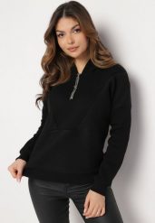 Czarna Bawełniana Bluza z Kapturem Hebesa. Czarne bluzy damskie Born2be, bez wzorów, z bawełny, casualowe, bez ramiączek, z kapturem. Za 89.99 zł.