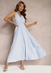 Jasnoniebieska Rozkloszowana Sukienka Plisowana z Wiskozą i Bawełną Wykończona Gumką w Talii Yefia. Niebieskie sukienki damskie Renee, l, bez wzorów, z bawełny, bez kołnierzyka, bez ramiączek, maxi, dopasowane. Za 49.99 zł.