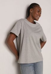 Szary T-shirt z Bawełny Typu Oversize Nedika. Szare t-shirty damskie Born2be, m, bez wzorów, z bawełny, klasyczne, bez kołnierzyka, bez ramiączek. Za 39.99 zł.
