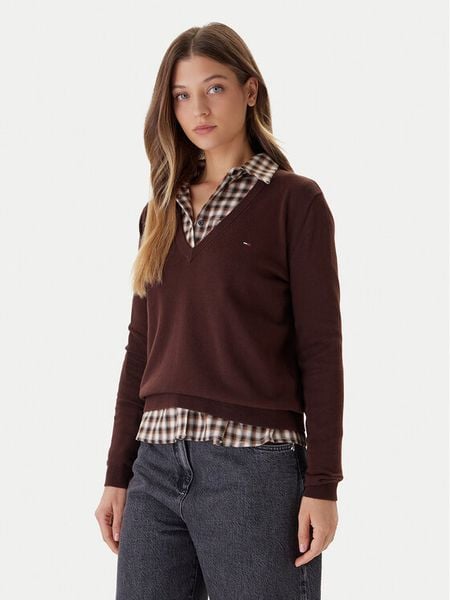 Tommy Jeans Sweter Essential DW0DW19888 Brązowy Regular Fit. Brązowe swetry nierozpinane damskie Tommy Jeans, xs, bez wzorów, z bawełny, bez kołnierzyka, bez ramiączek. Za 249.99 zł.