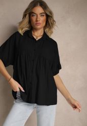 Czarna Koszula z Wiskozą Ozdobiona Falbankami Oleldi. Czarne koszule damskie Renee, bez wzorów, z jeansu, eleganckie, bez kołnierzyka, bez ramiączek. Za 54.99 zł.