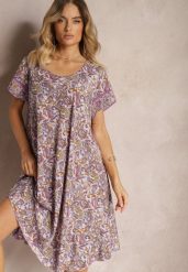Fioletowa Rozkloszowana Sukienka z Wiskozy w Kwiaty Rivanira. Fioletowe sukienki damskie Renee, na lato, bez wzorów, z materiału, bez kołnierzyka, bez ramiączek, midi, rozkloszowane. Za 49.99 zł.