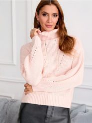 Sweter - różowy. Czerwone swetry nierozpinane damskie Sinsay, l, bez wzorów, ze splotem, bez kołnierzyka, bez ramiączek. Za 49.99 zł.