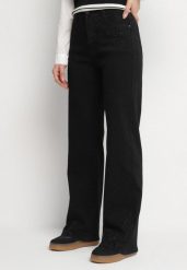 Czarne Jeansy z Bawełną o Szerokim Kroju z Wysokim Stanem Dralseli. Czarne jeansy damskie Born2be, bez wzorów, z bawełny, eleganckie, z podwyższonym stanem. Za 149.99 zł.