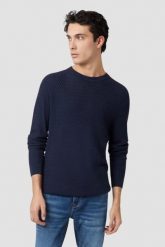 GUESS Granatowy sweter męski Davin Cn Ls. Niebieskie swetry męskie Guess, l, z aplikacjami, z bawełny, eleganckie, bez kołnierzyka, bez ramiączek. W wyprzedaży za 322.99 zł.