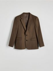 Marynarka slim fit z wełną - brązowy. Brązowe garnitury męskie Reserved, bez wzorów, z tkaniny. W wyprzedaży za 259.99 zł.