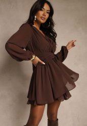 Brązowa Siateczkowa Sukienka o Rozkloszowanym Kroju z Dekoltem w Serek Zennela. Brązowe sukienki damskie Renee, na co dzień, l, bez wzorów, z jeansu, eleganckie, bez kołnierzyka, bez ramiączek, mini, kopertowe. Za 149.99 zł.