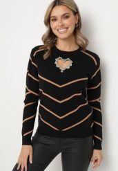 Czarno-Brązowy Sweter z Wiskozą w Geometryczny Wzór z Wycięciem w Kształcie Serca z Cyrkoniami Temilime. Czarne swetry nierozpinane damskie Born2be, m, bez wzorów, z jeansu, biznesowe, bez kołnierzyka, bez ramiączek. Za 89.99 zł.