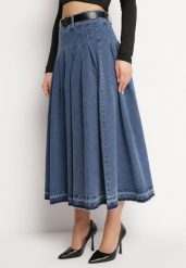 Granatowa Spódnica Jeansowa Rozkloszowana z Paskiem z Ekoskóry Nalier. Niebieskie spódnice damskie Born2be, na co dzień, m, bez wzorów, z jeansu, eleganckie, maxi, koszulowe. Za 139.99 zł.