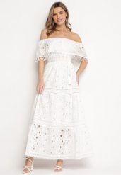 Biała Bawełniana Sukienka Maxi w Stylu Boho Ozdobiona Ażurowym Haftem Hellvia. Białe sukienki damskie Born2be, w ażurowe wzory, z bawełny, boho, bez kołnierzyka, bez ramiączek, maxi, rozkloszowane. Za 139.99 zł.