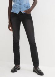 Dżinsy Straight, mid waist, super stretch, z wygodnym paskiem. Niebieskie jeansy damskie bonprix, bez wzorów, z jeansu. Za 117.99 zł.