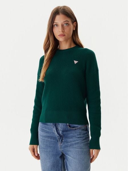 Guess Jeans Sweter W4BR08 Z3HM1 Zielony Regular Fit. Zielone swetry nierozpinane damskie Guess Jeans, s, z aplikacjami, z bawełny, bez kołnierzyka, bez ramiączek. Za 259.99 zł.