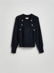 Sweter z raglanowymi rękawami - granatowy. Niebieskie swetry nierozpinane damskie Reserved, l, bez wzorów, z dzianiny, bez kołnierzyka, bez ramiączek. W wyprzedaży za 99.99 zł.