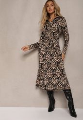 Czarno-Beżowa Sukienka o Koszulowym Fasonie w Ornamentalny Wzór Mesiena. Czarne sukienki damskie Renee, na co dzień, l, bez wzorów, z wiskozy, eleganckie, bez kołnierzyka, bez ramiączek, midi, dopasowane. Za 159.99 zł.