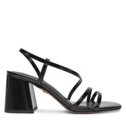 Sandały Nine West. Czarne sandały damskie Nine West, bez wzorów, bez obcasa, na słupku, bez zapięcia. Za 199.99 zł.