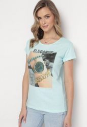 Miętowy Bawełniany T-shirt z Prostokątnym Nadrukiem i Brokatem Silpa. Zielone t-shirty damskie Born2be, l, bez wzorów, z bawełny, bez kołnierzyka, bez ramiączek. Za 49.99 zł.