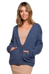 Krótki sweter rozpinany z wełną zapinany na guziki granatowy. Niebieskie kardigany damskie Polskie swetry, na jesień, l, bez wzorów, z nylonu, eleganckie, bez kołnierzyka. Za 259.00 zł.
