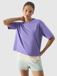 4F T-shirt oversize z nadrukiem damski - fioletowy L. Fioletowe t-shirty damskie 4F, l, bez wzorów, z bawełny, klasyczne, bez kołnierzyka, bez ramiączek. W wyprzedaży za 39.99 zł.