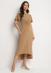 Ciemnobeżowa Rozkloszowana Sukienka Ozdobiona Marszczeniem Odallica. Brązowe sukienki damskie Born2be, m, bez wzorów, eleganckie, bez kołnierzyka, bez ramiączek, maxi, rozkloszowane. Za 59.99 zł.