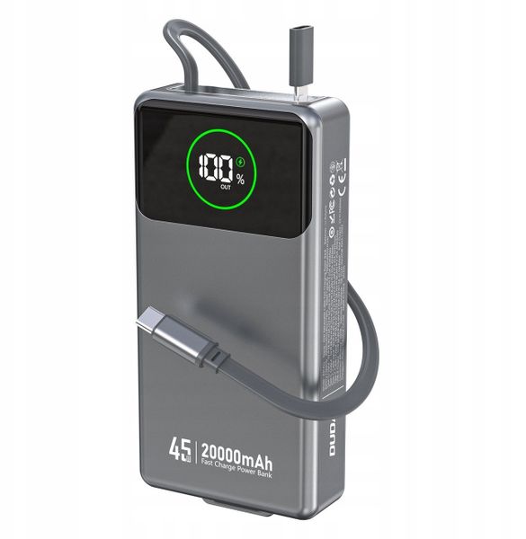 Powerbank Dudao K31 Pro 45W 20000mAh z wbudowanym zwijanym kablem USB-C - szary. Szare powerbanki Dudao. Za 110.49 zł.