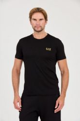 EA7 Czarny t-shirt ze złotym logo. Czarne t-shirty męskie EA7 Emporio Armani, l, bez wzorów, bez kołnierzyka, bez ramiączek. W wyprzedaży za 224.99 zł.