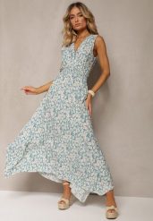 Miętowa Bawełniana Sukienka z Gumką w Pasie Kopertowym Dekoltem w Kwiaty Anelette. Zielone sukienki damskie Renee, na co dzień, m, bez wzorów, z bawełny, eleganckie, bez kołnierzyka, bez ramiączek, maxi, kopertowe. Za 39.99 zł.