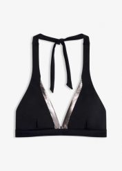 Biustonosz bikini z ramiączkami łączonymi na szyi. Czarne stroje kąpielowe damskie bonprix, bez wzorów. Za 79.99 zł.