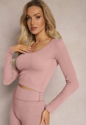 Różowa Dopasowana Bluzka w Prążki o Krótkim Kroju Elowenia. Czerwone bluzki damskie Renee, bez wzorów, sportowe, bez kołnierzyka, bez ramiączek. Za 44.99 zł.