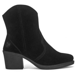 Kowbojki Rieker. Czarne botki damskie Rieker, bez wzorów, bez obcasa, na słupku, bez zapięcia. Za 289.99 zł.