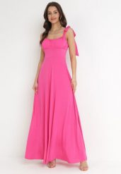 Ciemnoróżowa Rozkloszowana Sukienka Maxi z Wiązanymi Ramiączkami Lisija. Czerwone sukienki damskie Born2be, m, bez wzorów, eleganckie, bez kołnierzyka, bez ramiączek, maxi, rozkloszowane. Za 129.99 zł.