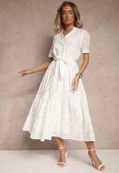 Biała Rozkloszowana Sukienka Koszulowa w Stylu Boho z Haftowanej Tkaniny Rosadwena. Białe sukienki damskie Renee, na co dzień, l, bez wzorów, z tkaniny, boho, bez kołnierzyka, bez ramiączek, maxi, koszulowe. Za 139.99 zł.
