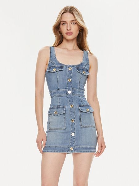 Elisabetta Franchi Sukienka jeansowa AJ-36S-41E2-002606 Niebieski Slim Fit. Niebieskie sukienki damskie Elisabetta Franchi, s, bez wzorów, z bawełny, bez kołnierzyka, bez ramiączek. Za 1,339.00 zł.