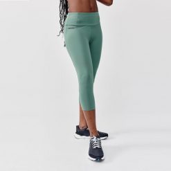 Legginsy do biegania krótkie damskie Kalenji Support. Zielone legginsy damskie KALENJI, bez wzorów, z elastanu. Za 79.99 zł.