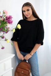 Sweter z falbanką na rękawie czarny. Czarne swetry nierozpinane damskie KESI, l, bez wzorów, z nylonu, eleganckie, bez kołnierzyka, plus size, bez ramiączek. Za 175.65 zł.