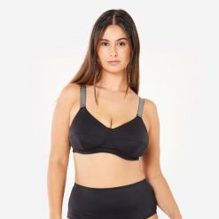Góra kostiumu kąpielowego surfingowego damska Olaian Astrid. Czarne bikini OLAIAN, bez wzorów, z elastanu. W wyprzedaży za 89.99 zł.