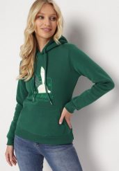 Zielona Bluza Dzianinowa z Kapturem i Nadrukiem Jubida. Zielone bluzy damskie Born2be, l, z aplikacjami, z dzianiny, casualowe, bez ramiączek, z kapturem. Za 84.99 zł.