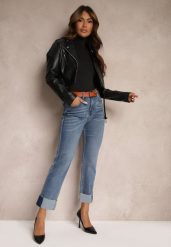 Niebieskie Jeansy z Bawełną Ozdobione Paskiem Przetarciami i Wywiniętymi Nogawkami Rilonne. Niebieskie jeansy damskie Renee, bez wzorów, z bawełny, eleganckie. Za 119.99 zł.