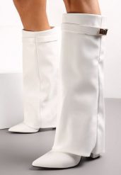 Białe Kozaki na Słupku z Wywiniętą Cholewką i Noskiem w Szpic Selvaggia. Białe kozaki damskie Renee, na zimę, bez wzorów, z materiału, ze szpiczastym noskiem, bez obcasa, na obcasie, bez zapięcia. Za 209.99 zł.