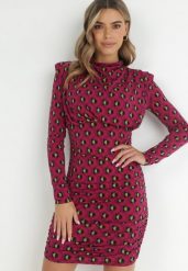 Fuksjowa Sukienka Dopasowana w Geometryczny Wzór Bozi. Czerwone sukienki damskie Born2be, na co dzień, s, bez wzorów, eleganckie, bez kołnierzyka, bez ramiączek, maxi, dopasowane. Za 119.99 zł.