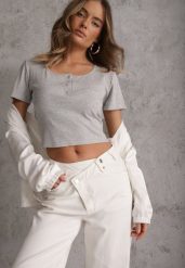 Szary Top z Bawełny Ozdobiony Guzikami przy Dekolcie Nediva. Szare topy damskie Renee, m, z aplikacjami, z bawełny, bez kołnierzyka, bez ramiączek. Za 19.99 zł.