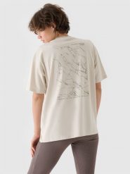 4F T-shirt oversize z nadrukiem damski - beżowy M. Brązowe t-shirty damskie 4F, m, bez wzorów, z bawełny, klasyczne, bez kołnierzyka, bez ramiączek. W wyprzedaży za 29.99 zł.