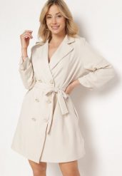 Beżowa Elegancka Sukienka Dwurzędowa w Stylu Marynarki z Materiałowym Paskiem i Marszczonymi Rękawami Weira. Brązowe sukienki damskie Born2be, do pracy, l, bez wzorów, z materiału, biznesowe, bez kołnierzyka, bez ramiączek, mini. Za 139.99 zł.