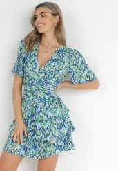 Niebieska Sukienka Mini z Gumkami w Pasie i Falbankami Tarria. Niebieskie sukienki damskie Born2be, na wiosnę, l, bez wzorów, bez kołnierzyka, bez ramiączek, mini. Za 139.99 zł.