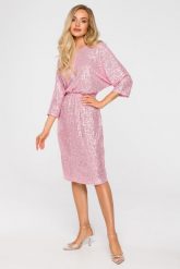Cekinowa Sukienka Wieczorowa - Pudrowa. Brązowe sukienki damskie MOE, l, bez wzorów, z materiału, wizytowe, bez kołnierzyka, bez ramiączek. Za 434.90 zł.