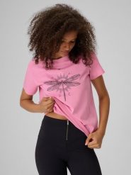 4F T-shirt regular z nadrukiem damski - różowy M. Czerwone t-shirty damskie 4F, m, bez wzorów, z bawełny, klasyczne, bez kołnierzyka, bez ramiączek. Za 59.99 zł.