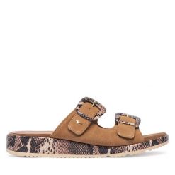 Klapki Tamaris. Brązowe klapki damskie Tamaris, bez wzorów, bez obcasa, bez zapięcia. Za 329.99 zł.