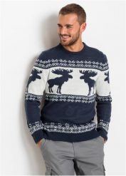 Sweter w norweski wzór. Niebieskie swetry męskie bonprix, l, bez wzorów, bez kołnierzyka, bez ramiączek. Za 109.99 zł.