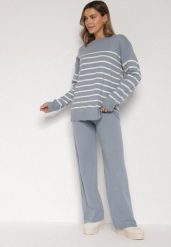 Niebieski Komplet z Wełną i Bawełną Sweter w Paski i Szerokie Spodnie Neveena. Niebieskie swetry nierozpinane damskie Born2be, l, bez wzorów, z bawełny, eleganckie, bez kołnierzyka, bez ramiączek. Za 134.99 zł.